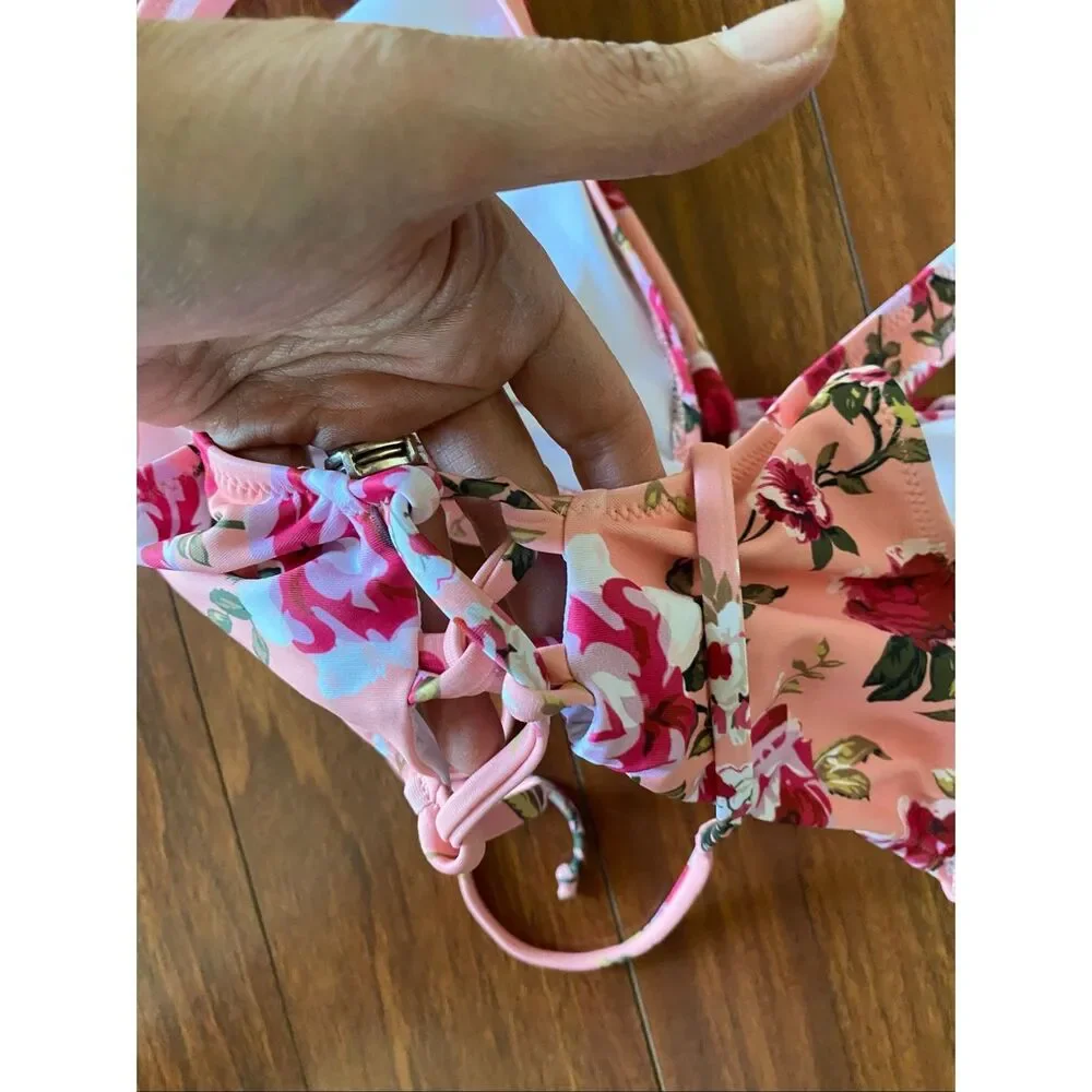 Beachsissi bikini with black bottoms and pink floral top size L
